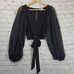 A Peach Vintage Black Crop Top Sz S Small Witchy Whimsy Goth Sheer‎ Sleeves Tie